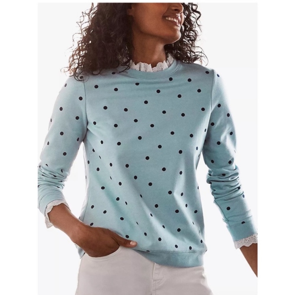 Boden Holly Jersey Blue Polka Dot Lace Trim Pullover Size Medium